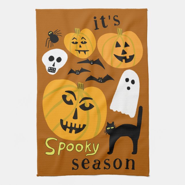 Spooky Season Pumpkins Ghost Bat HAPPY HALLOWEEN Tea Towel (Vertical)