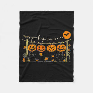 Spooky Season Retro Halloween Black Cat Pumpkin Fleece Blanket