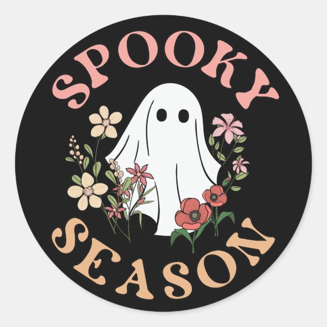 Spooky Season Retro Halloween Groovy Ghost Black Classic Round Sticker (Front)
