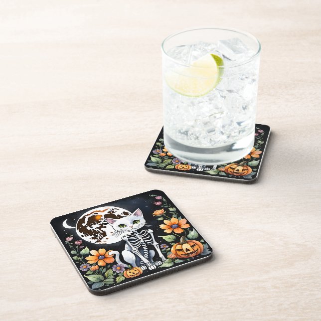 Spooky Season Skeleton Cat Floral Halloween Coaster (Right Side)