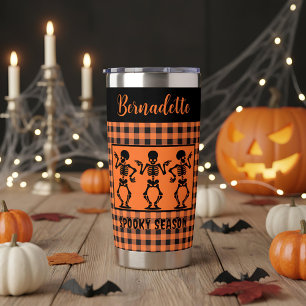 Spooky Season Skeleton Trio Orange & Black Plaid Insulated Tumbler