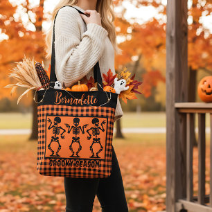 Spooky Season Skeleton Trio Orange & Black Plaid  Tote Bag