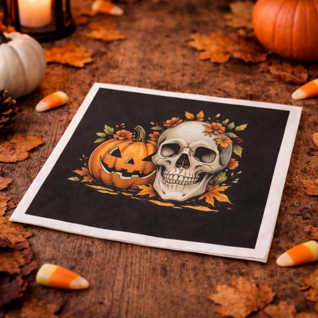 Spooky Season Skull and Pumpkin Halloween Party Napkin (Creator Uploaded)
