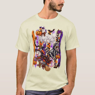 Spooky Season Striped Halloween Goose Racoon Opos T-Shirt