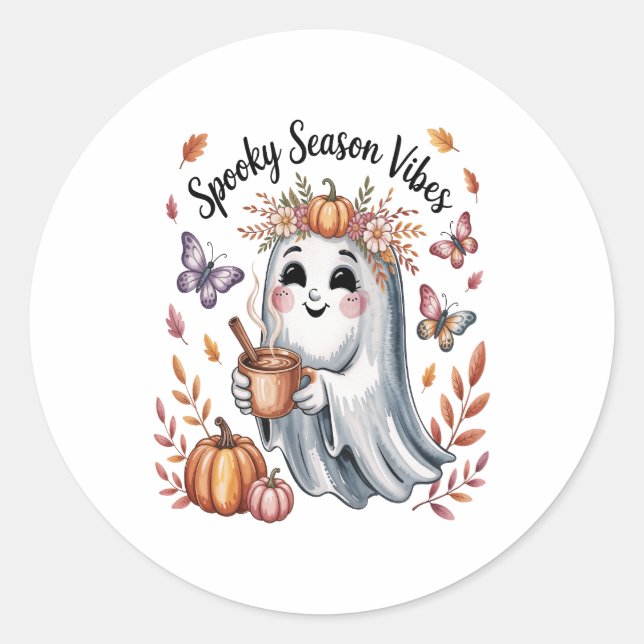 Spooky Season Vibes Ghost Classic Round Sticker (Front)