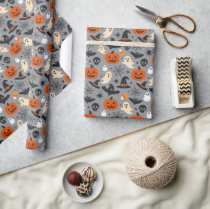 Spooky Seasonal Grey Halloween Pattern Wrapping Paper