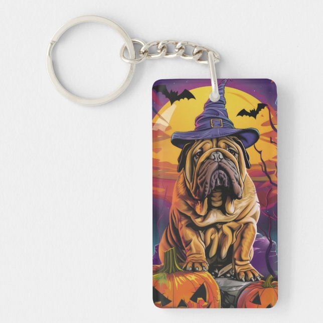 Spooky Shar Pei Dog Halloween Witch And Pumpkin Key Ring (Front)
