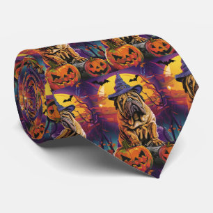 Spooky Shar Pei Dog Halloween Witch And Pumpkin Tie