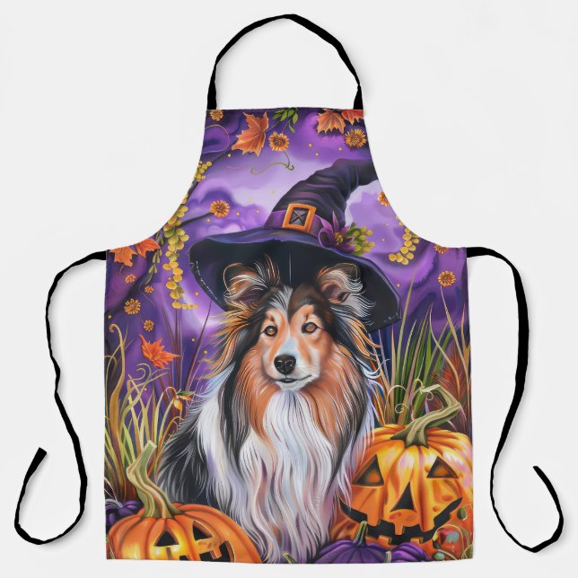 Spooky Shetland Sheepdog Halloween Witch Pumpkin Apron (Front)