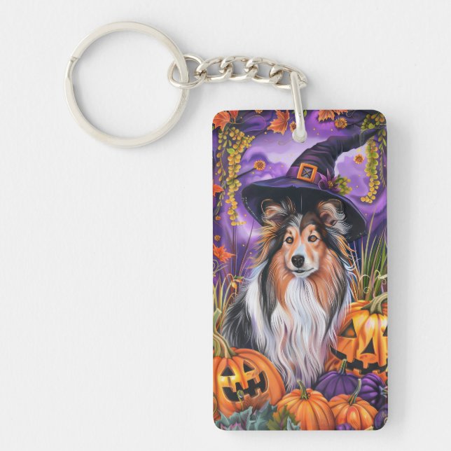 Spooky Shetland Sheepdog Halloween Witch Pumpkin Key Ring (Front)