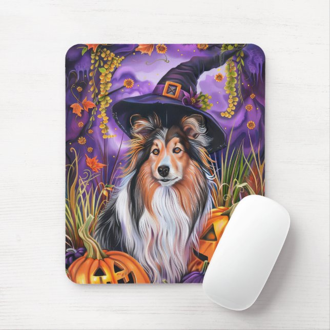 Spooky Shetland Sheepdog Halloween Witch Pumpkin Mouse Pad (With Mouse)