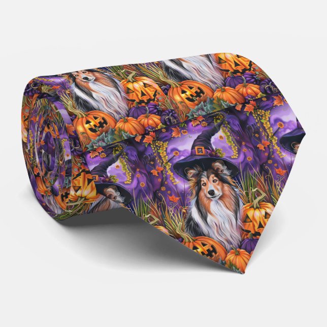 Spooky Shetland Sheepdog Halloween Witch Pumpkin Tie (Rolled)