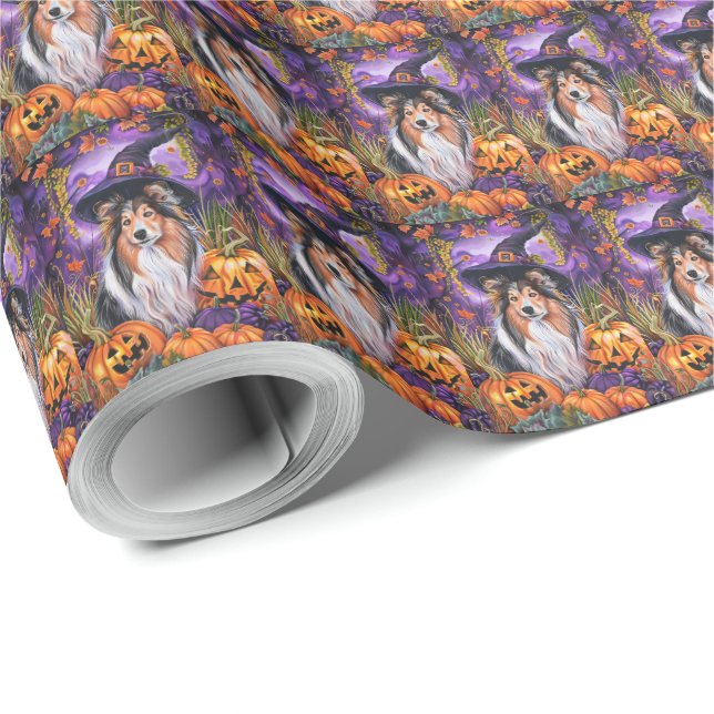 Spooky Shetland Sheepdog Halloween Witch Pumpkin Wrapping Paper (Roll Corner)