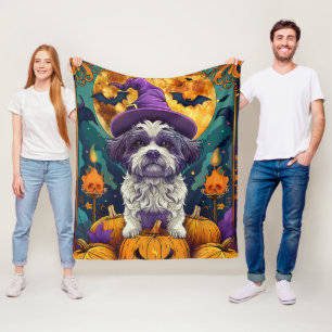 Spooky Shih Tzu Dog Halloween Witch And Pumpkin  Fleece Blanket
