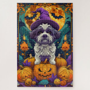 Spooky Shih Tzu Dog Halloween Witch And Pumpkin  Jigsaw Puzzle