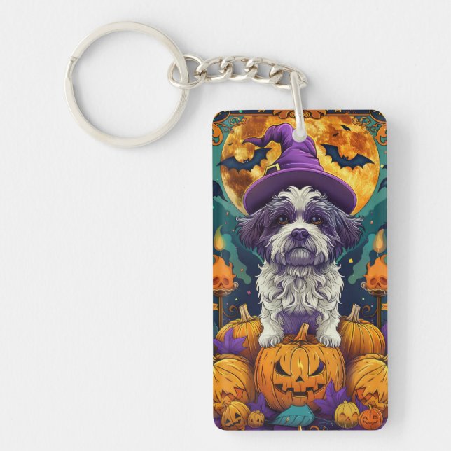 Spooky Shih Tzu Dog Halloween Witch And Pumpkin  Key Ring (Front)