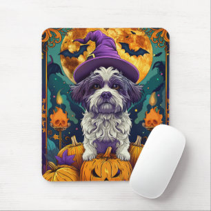 Spooky Shih Tzu Dog Halloween Witch And Pumpkin Mouse Pad