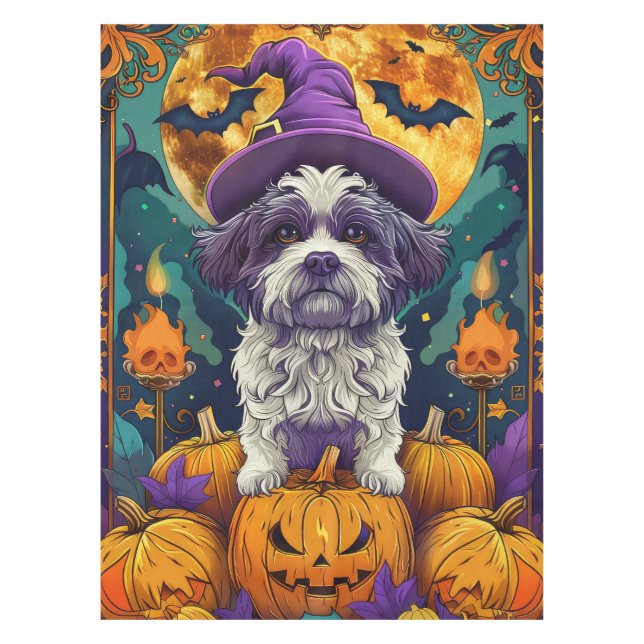 Spooky Shih Tzu Dog Halloween Witch And Pumpkin  Tablecloth (Front)