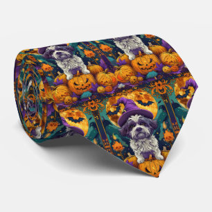 Spooky Shih Tzu Dog Halloween Witch And Pumpkin  Tie