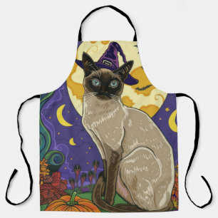 Spooky Siamese Cat Halloween Witch And Pumpkin Apron