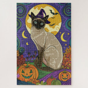 Spooky Siamese Cat Halloween Witch And Pumpkin Jigsaw Puzzle