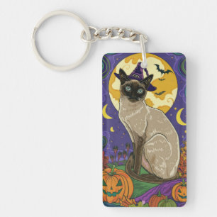 Spooky Siamese Cat Halloween Witch And Pumpkin Key Ring