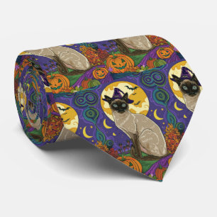 Spooky Siamese Cat Halloween Witch And Pumpkin Tie