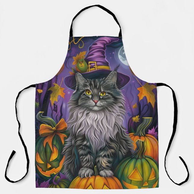 Spooky Siberian Cat Halloween Witch And Pumpkin Apron (Front)