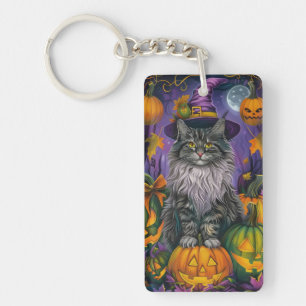 Spooky Siberian Cat Halloween Witch And Pumpkin Key Ring
