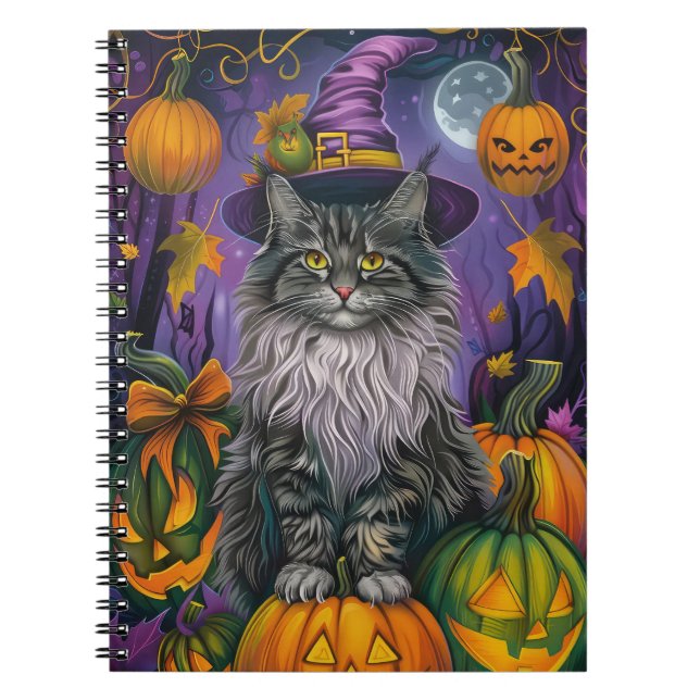 Spooky Siberian Cat Halloween Witch And Pumpkin Notebook (Front)