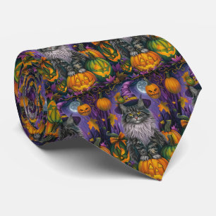 Spooky Siberian Cat Halloween Witch And Pumpkin Tie