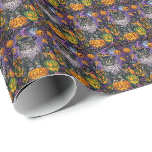 Spooky Siberian Cat Halloween Witch And Pumpkin Wrapping Paper