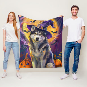 Spooky Siberian Husky Dog Halloween Witch Pumpkin  Fleece Blanket