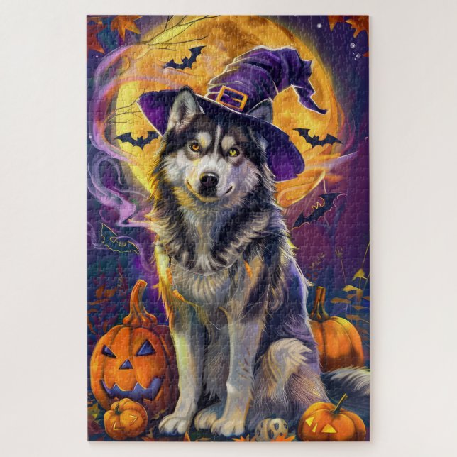 Spooky Siberian Husky Dog Halloween Witch Pumpkin  Jigsaw Puzzle (Vertical)