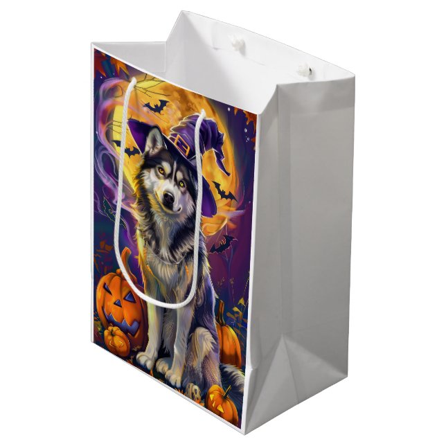 Spooky Siberian Husky Dog Halloween Witch Pumpkin  Medium Gift Bag (Front Angled)