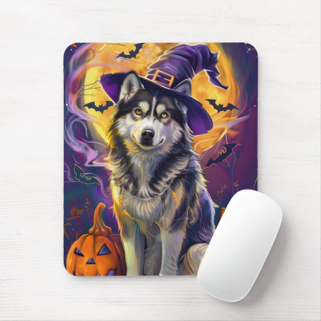 Spooky Siberian Husky Dog Halloween Witch Pumpkin  Mouse Pad (With Mouse)