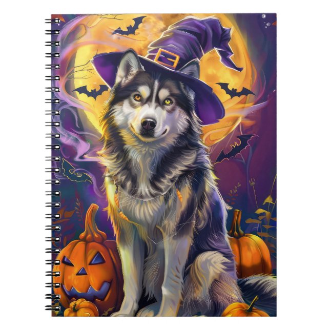 Spooky Siberian Husky Dog Halloween Witch Pumpkin  Notebook (Front)