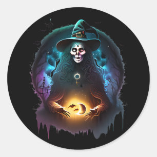 Spooky Sinister Witch At Night Classic Round Sticker