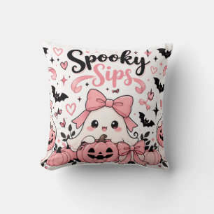 Spooky Sips Pink Coquette Halloween Ghosts Bows Cushion