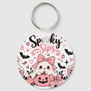 Spooky Sips Pink Coquette Halloween Ghosts Bows  Key Ring