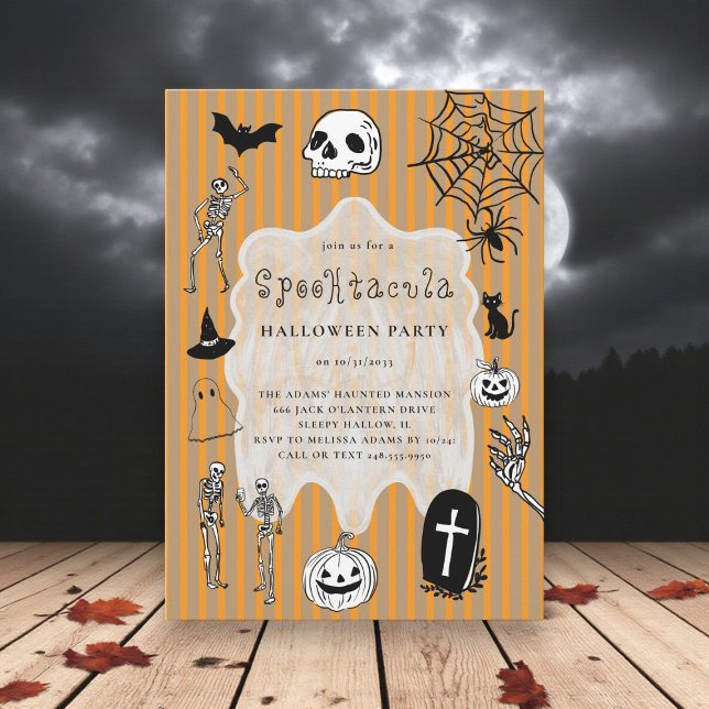Spooky Skeleton Black Cat Bat Halloween Party Invitation (Creator Uploaded)