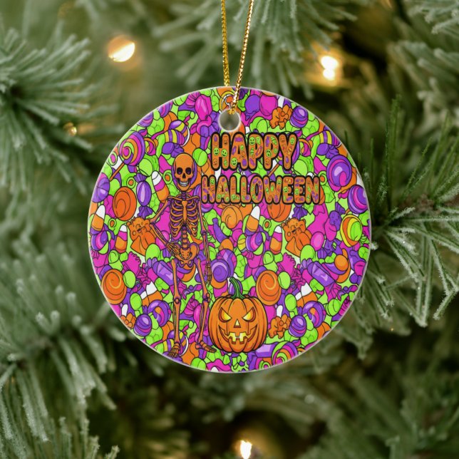 Spooky Skeleton Candy Party Pattern Halloween Ceramic Ornament (Tree)