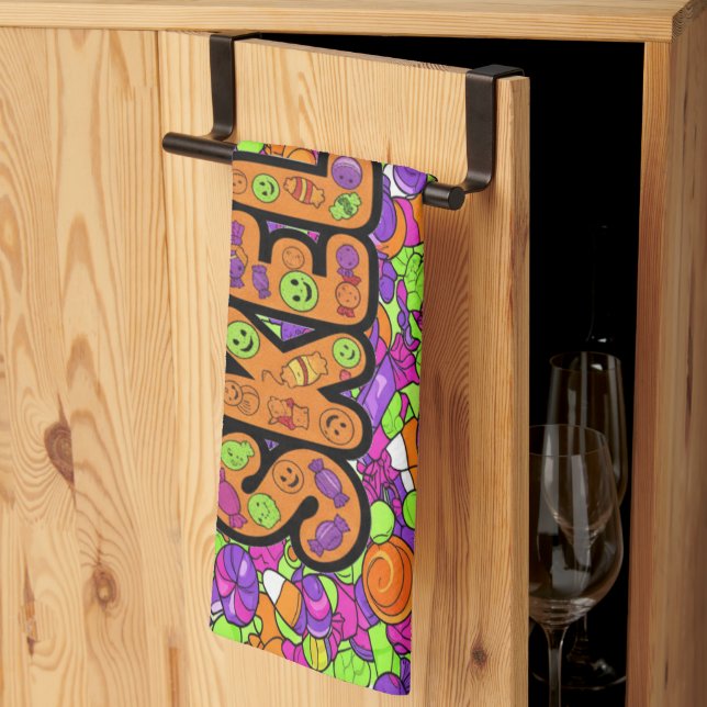 Spooky Skeleton Candy Party Pattern Halloween Tea Towel (Thirds Fold)