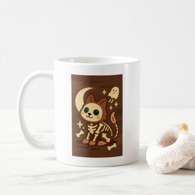 Spooky Skeleton Cat and Ghost Classic Mug, 11 oz Coffee Mug (With Donut)