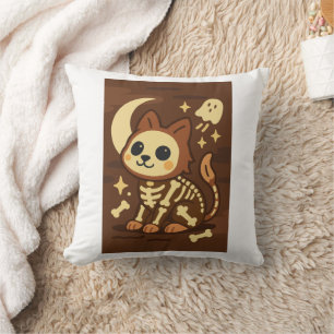 Spooky Skeleton Cat and Ghost Throw Pillow