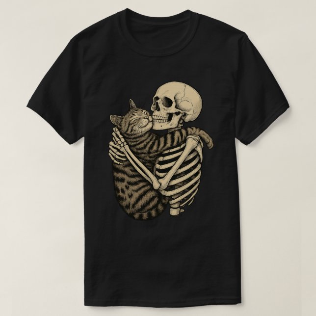 Spooky Skeleton & Cat Hug – Creepy Cute Halloween T-Shirt (Design Front)