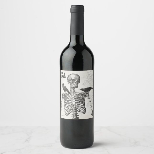 Spooky skeleton & crows wine label (Front)