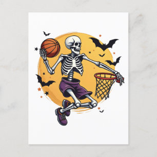 Spooky Skeleton Dunking Basketball Graveyard Hallo Announcement Postcard