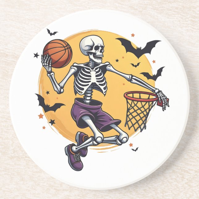 Spooky Skeleton Dunking Basketball Graveyard Hallo Coaster (Front)