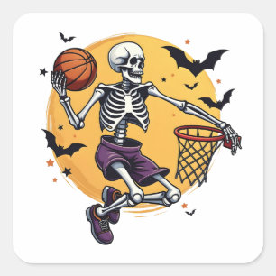 Spooky Skeleton Dunking Basketball Graveyard Hallo Square Sticker